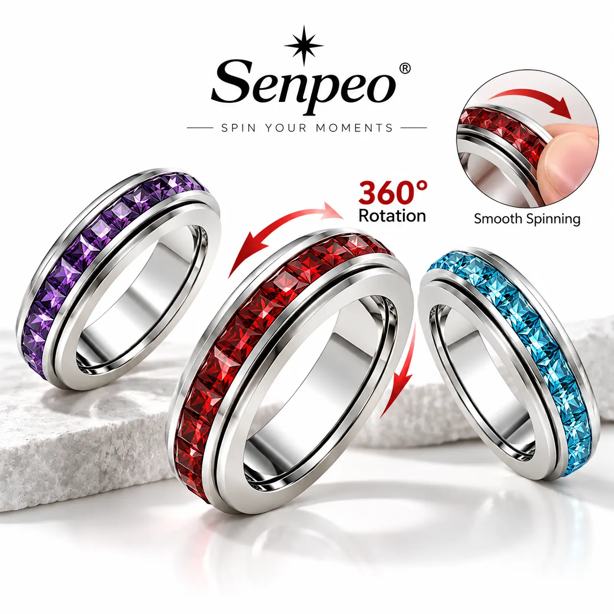 12 Birthstone Colors Spinner Ring, Rotating Fidget Ring, Colorful Stone Ring, Minimalist Fashion Ring, Birthday Gift, Anniversary Gift, Christmas Gift, Valentine’s Day Gift, Graduation Gift