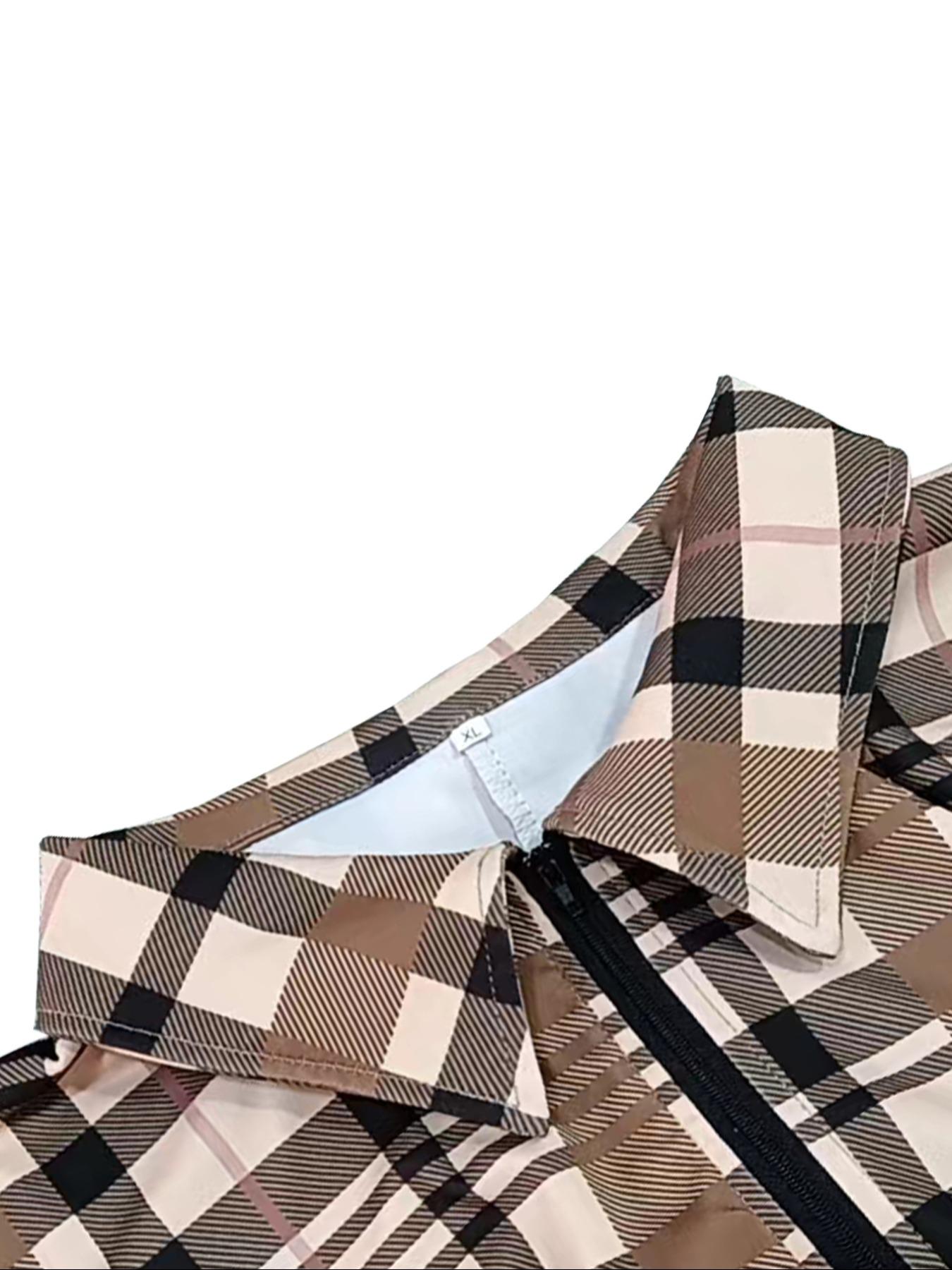 Women's Sexy Plaid Bodycon Jumpsuit with Zipper Front & Ruched Design, Tight-Fitting Long Sleeve Jumpsuit for Fall & Winter