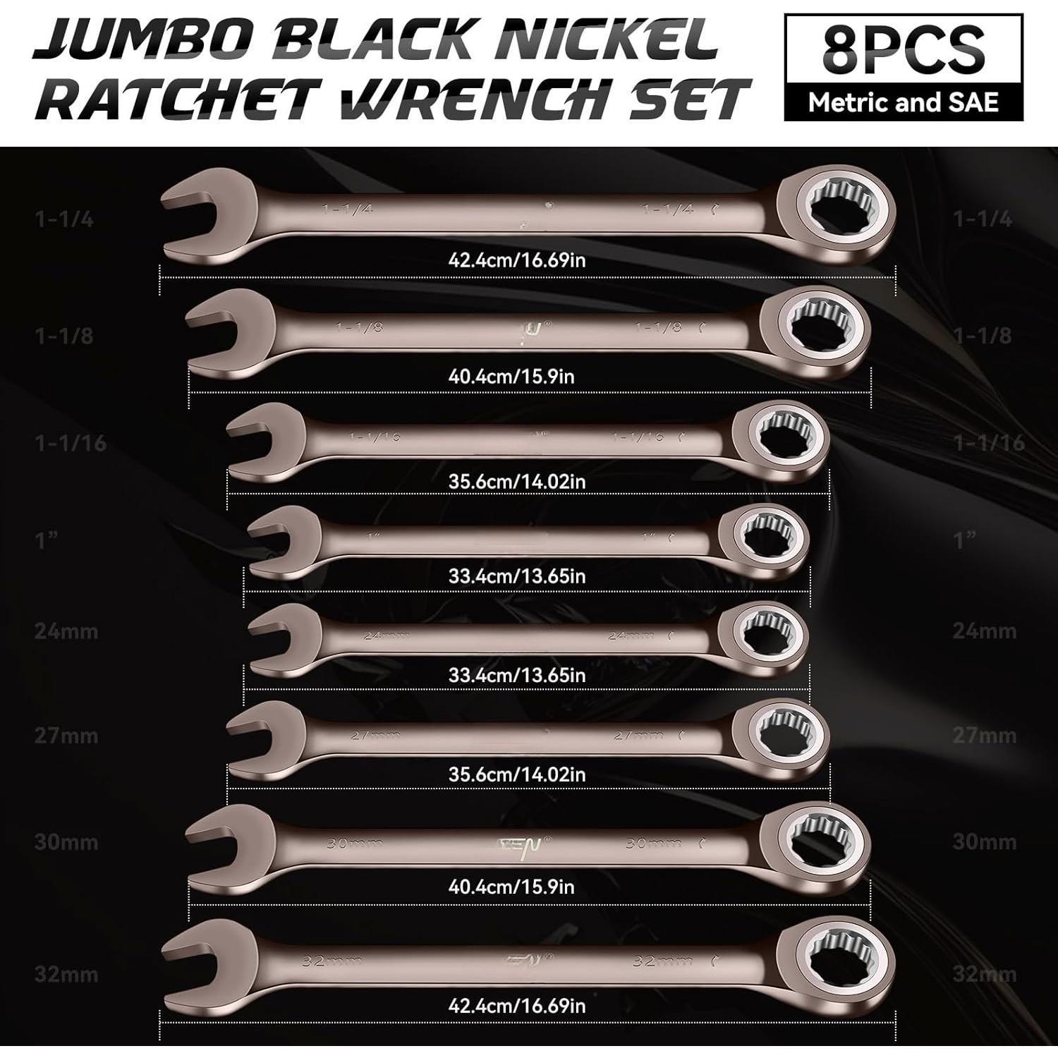 8 count Large Wrench Set Nickel Ratcheting Wrench Set Metric & SAE Combination Wrench Set with Rolling Pouch 24,27,30,32mm & 1'',1-1/16'',1-1/8'',1-1/4'' CR-V Steel Father's 8 count Large Wrench Set Nickel Ratcheting Wrench Set Metric & SAE Combination Wrench Set with Rolling Pouch 24,27,30,32mm & 1'',1-1/16'',1-1/8'',1-1/4'' CR-V Steel Father's