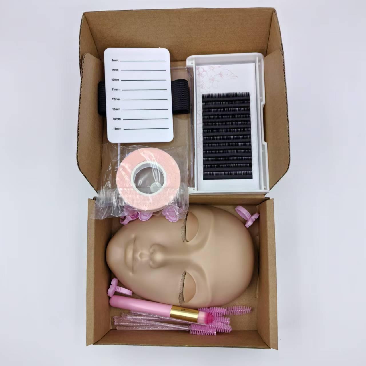 Portable False Eyelash Cosmetic Practice Set with Head Model, Eyelash Box, Adhesive Tape, Eyelash Glue, Mousse Brush, and Rings, Ideal for Eyelash Application Training