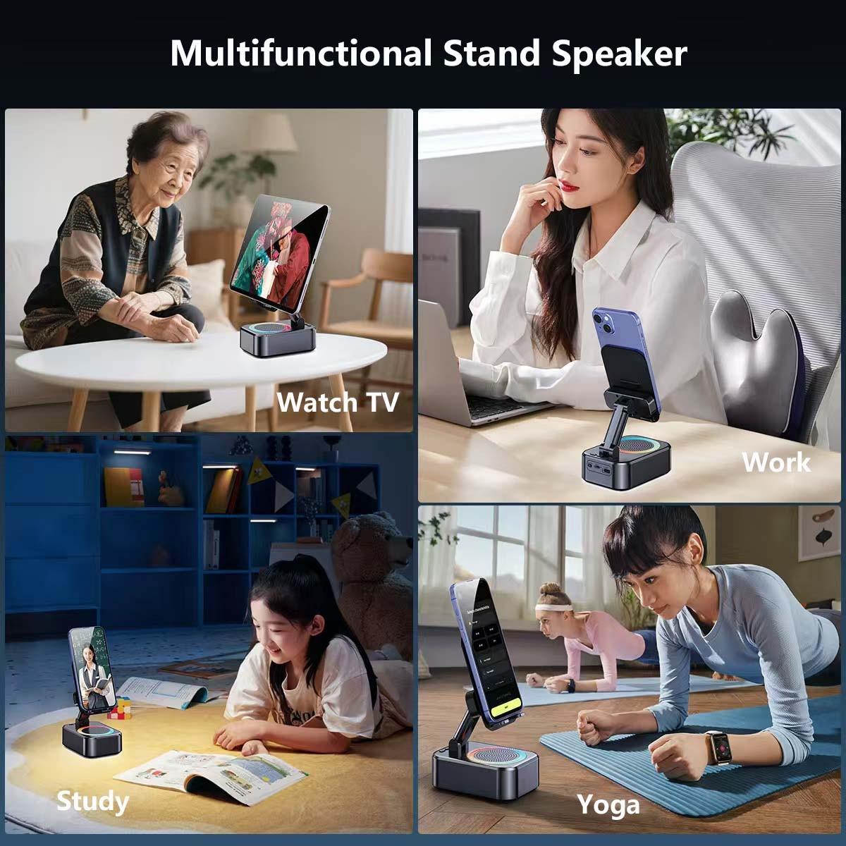 New Upgraded 5-In-1 Wireless Bluetooth-compatible Speaker, 1800mah Portable Power Bank, Tablet Stand, Phone Holder, Colorful Ambient Light, Foldable Base