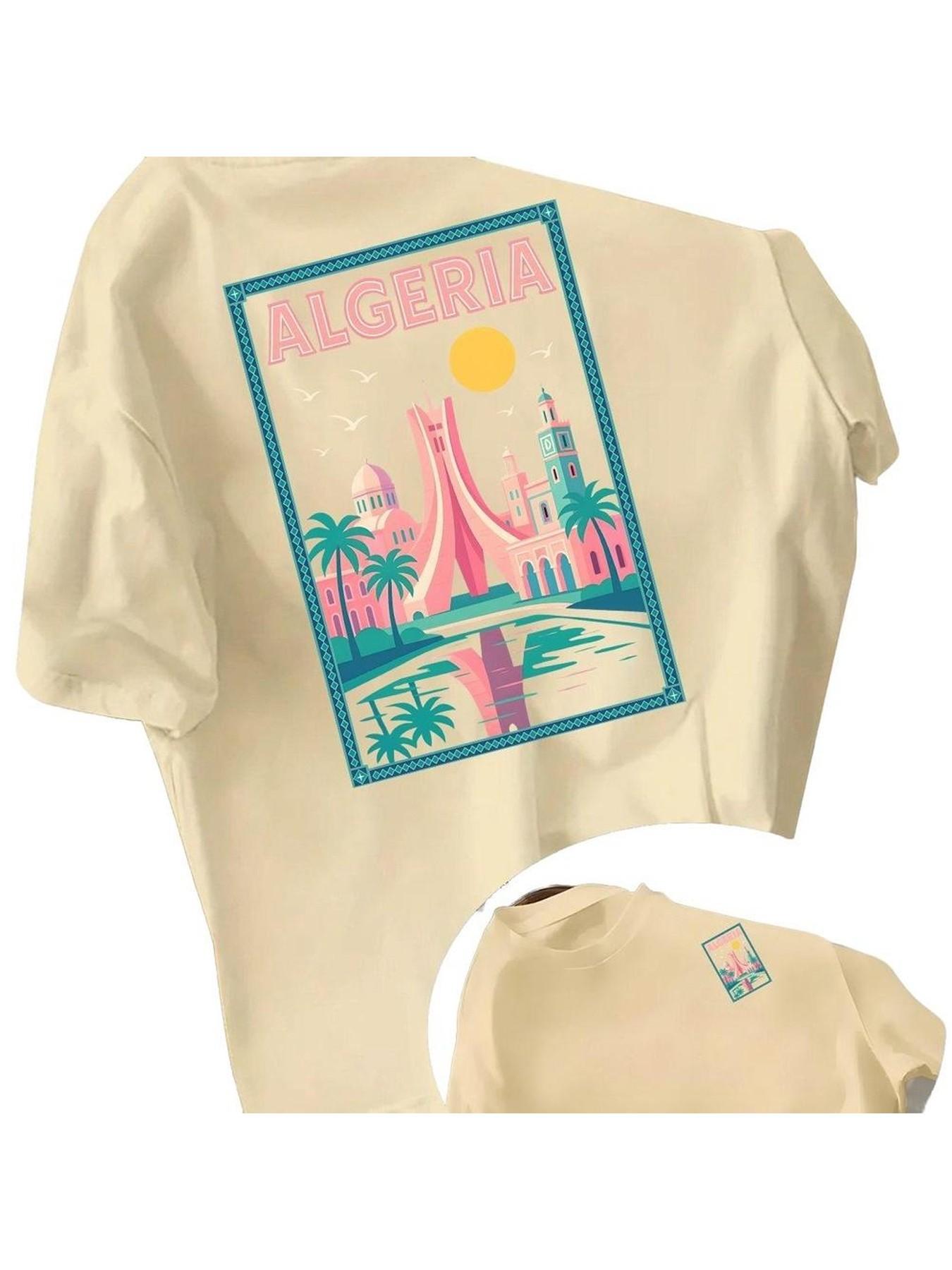 Algerian Cityscape Vintage Print Cotton Short Sleeve T-Shirt, 2026 Summer American Retro Oversize Unisex Top, Versatile Fashion Apparel