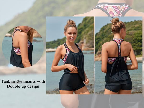 Yonique Two Piece Tankini Bathing Suits T-Back Blouson Swim Tops with Boy Shorts Women Swimsuits Sporty Swimwear
