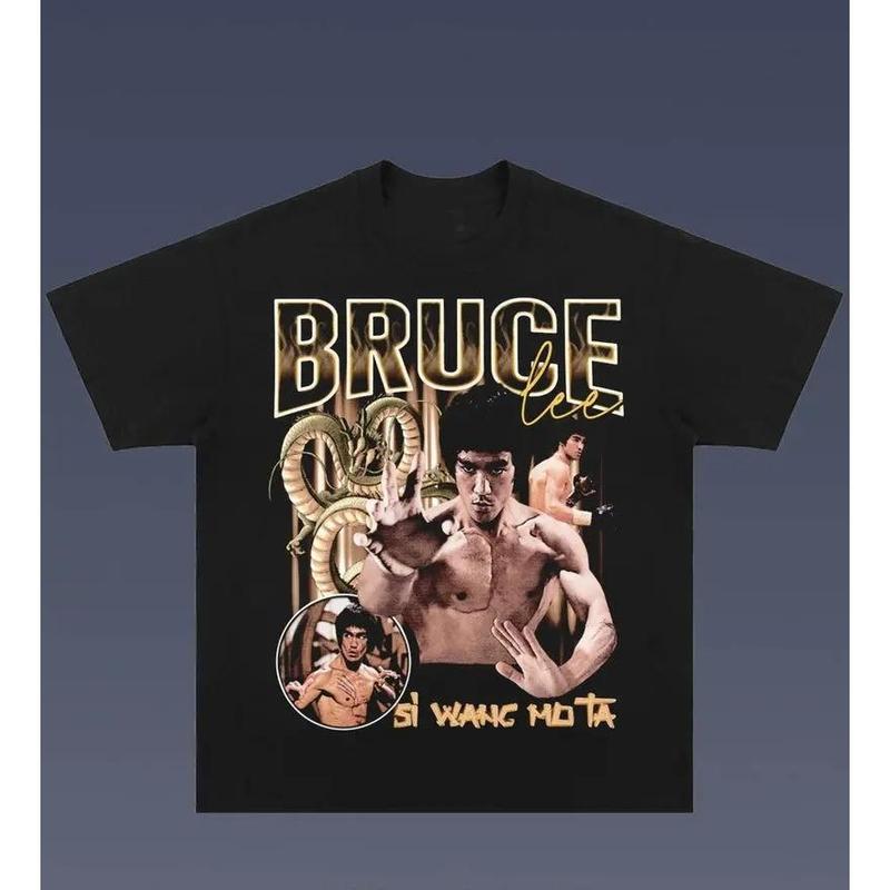 Male Round Neck Short-Sleeve T-Shirt, Bruce Lee Vintage Graphic Casual Wear for Sports & Outdoor Activities