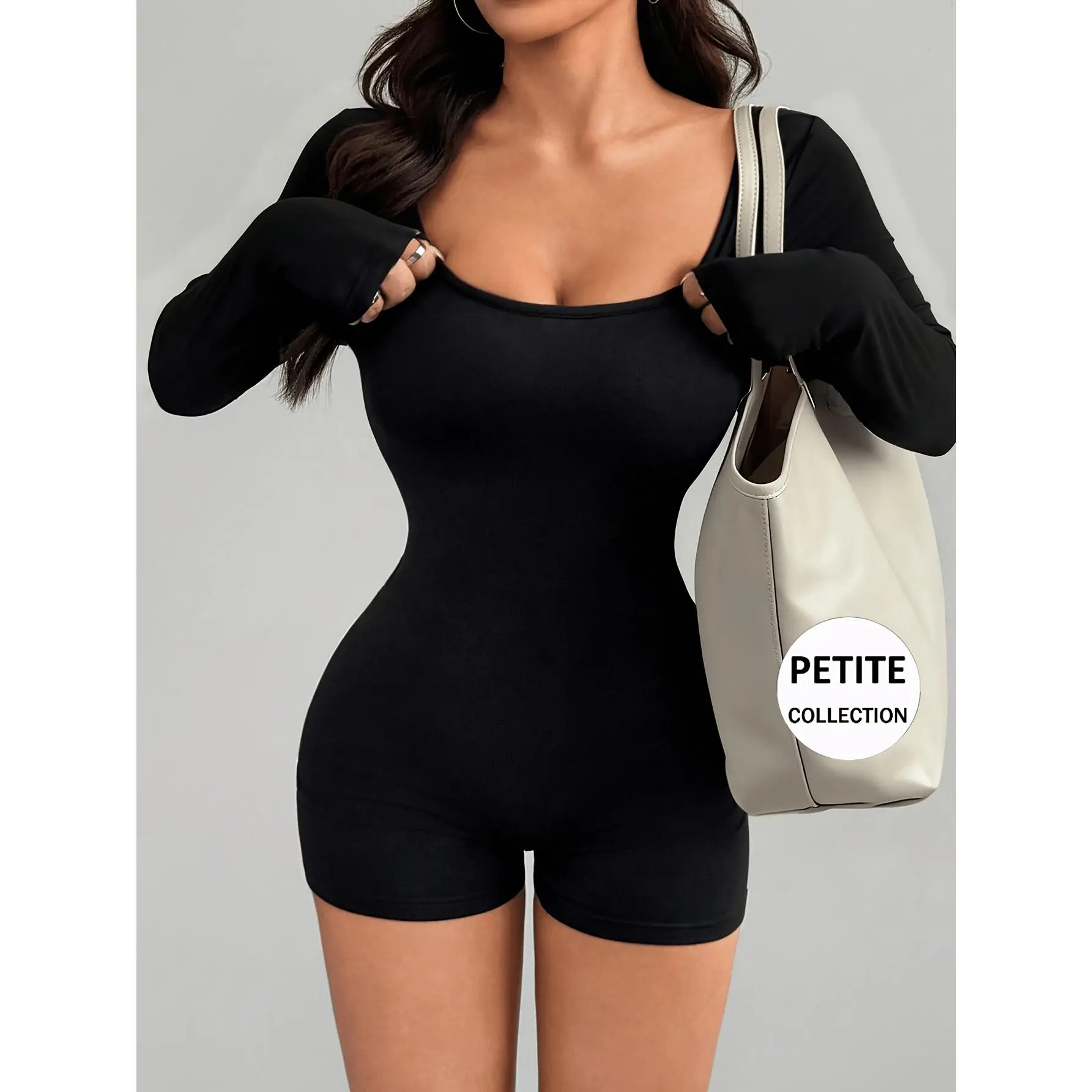 Black Long-sleeve Jumpsuit with Shorts, High-waisted Tummy-control Design, Pure-desire Style Hot Jumpsuit, Petite Size, Backpack Is for Decoration Only