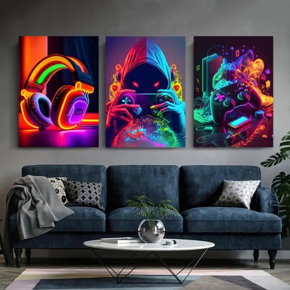 3-Piece Optional Wooden Frame Punk Style Gamepad Gaming Room Theme Art Poster Waterproof Premium Thick Canvas High Saturation Accurate Contrast Boys Room Decor