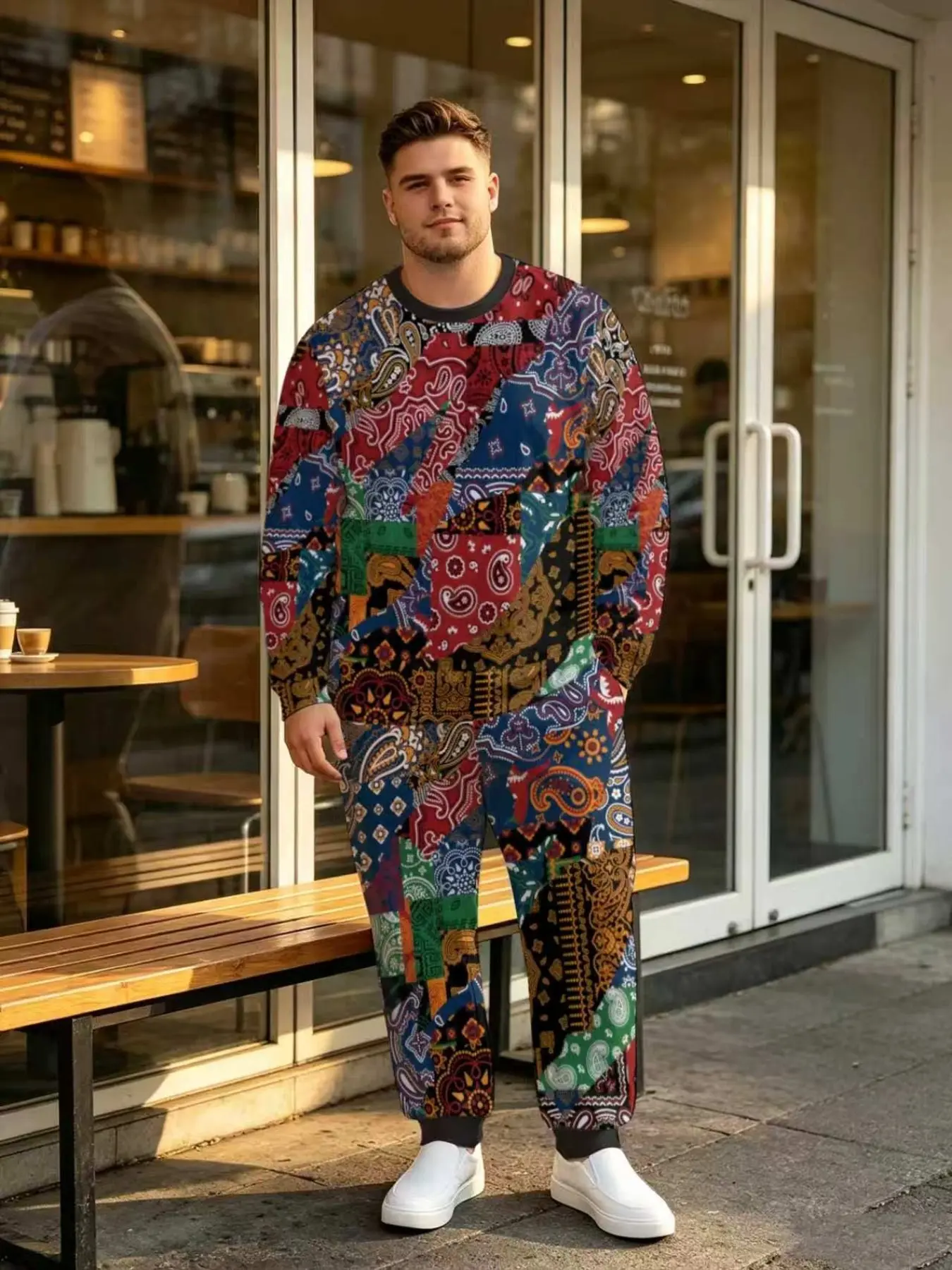 Men's Round Neck Long Sleeve Set, Vintage Patchwork Floral Ethnic Pattern, 3D Digital Print Ankle Pants, Streetwear Casual