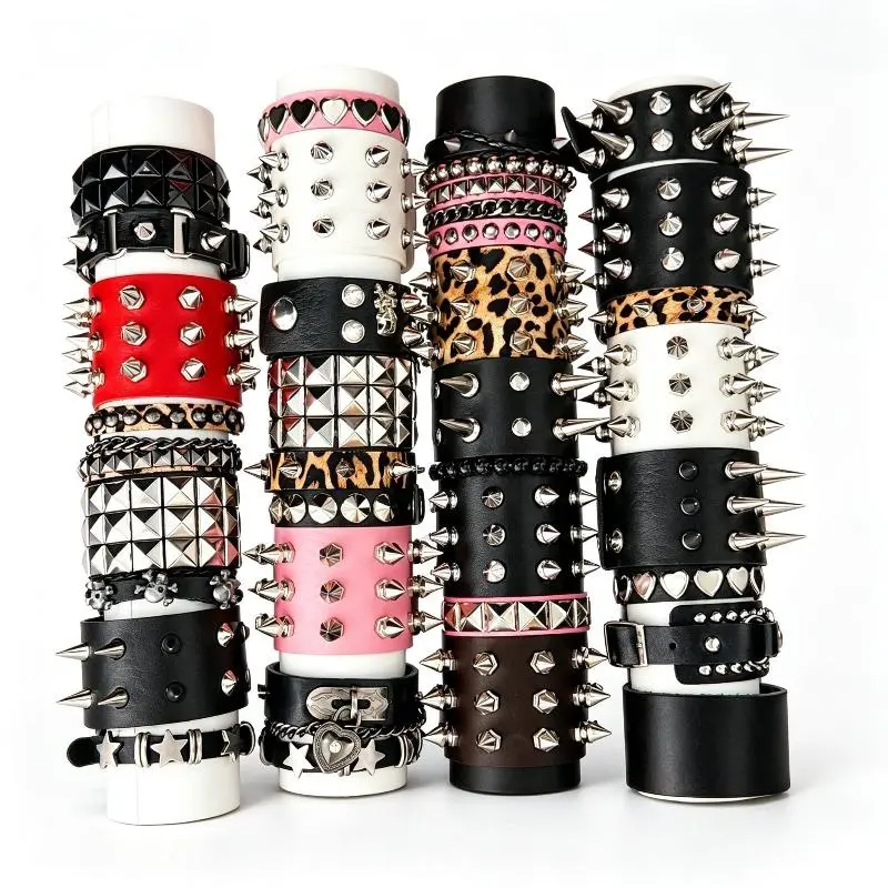 3/7/11/14Pcs Punk Mixed Color Pu Leather Bracelet with Studs, Gothic Rock Style Pointed End Open Cuff Bangle, Halloween Cosplay Party Accessory, Birthday Gift, Women's Men's Jewelry, Fashion Bracelet, Bracelets Bangles