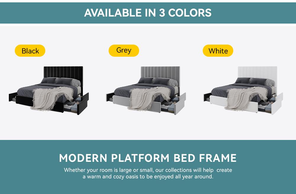 HOOMIC Platform Bed Frame with 4 Storage Drawers and Upholstered Headboard,Modern Bed with Horizontal/Vertical Stripes,No Box Spring Needed,Full/Queen/King Size,White/Grey/Black,#TikTokShopfalldealsforyou