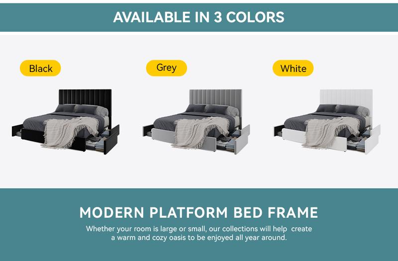 HOOMIC Platform Bed Frame with 4 Storage Drawers and Upholstered Headboard,Modern Bed with Horizontal/Vertical Stripes,No Box Spring Needed,Full/Queen/King Size,White/Grey/Black,#TikTokShopfalldealsforyou