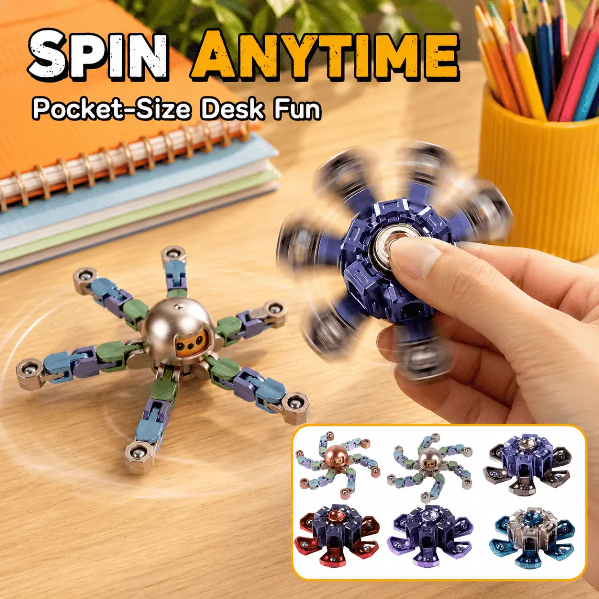 Unisex 6Pcs Fidget Spinner Set - 3 Robot Shape Flexible Spinners, 3 Foldable Palm Foldable Toys, Transforming Pocket Desk Toys & Party Favors Building Blocks Set