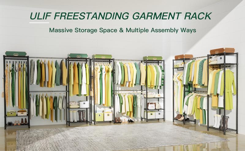 Ulif E1 Heavy Duty Closet Garment Rack, 6 Tiers Adjustable Metal Freestanding Expandable Clothing Storage with 4 Hanger Rods, Easy to Assemble Wardrobe  Organiser Steel