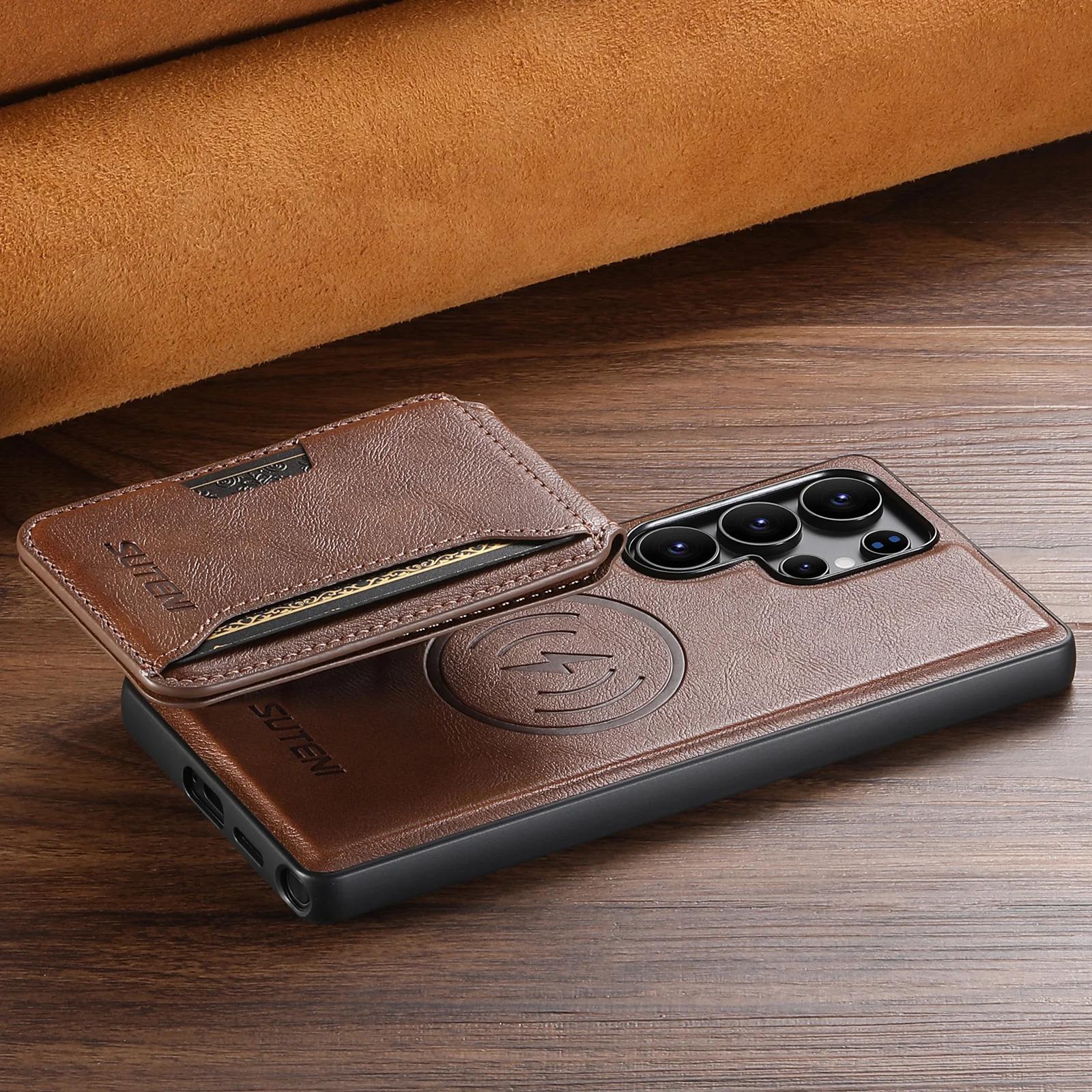 Magnet Wireless Charging Luxury Faux Leather Phone Case Card Holder Stand For Samsung Galaxy S26 Ultra S25 S24 S23 S22
