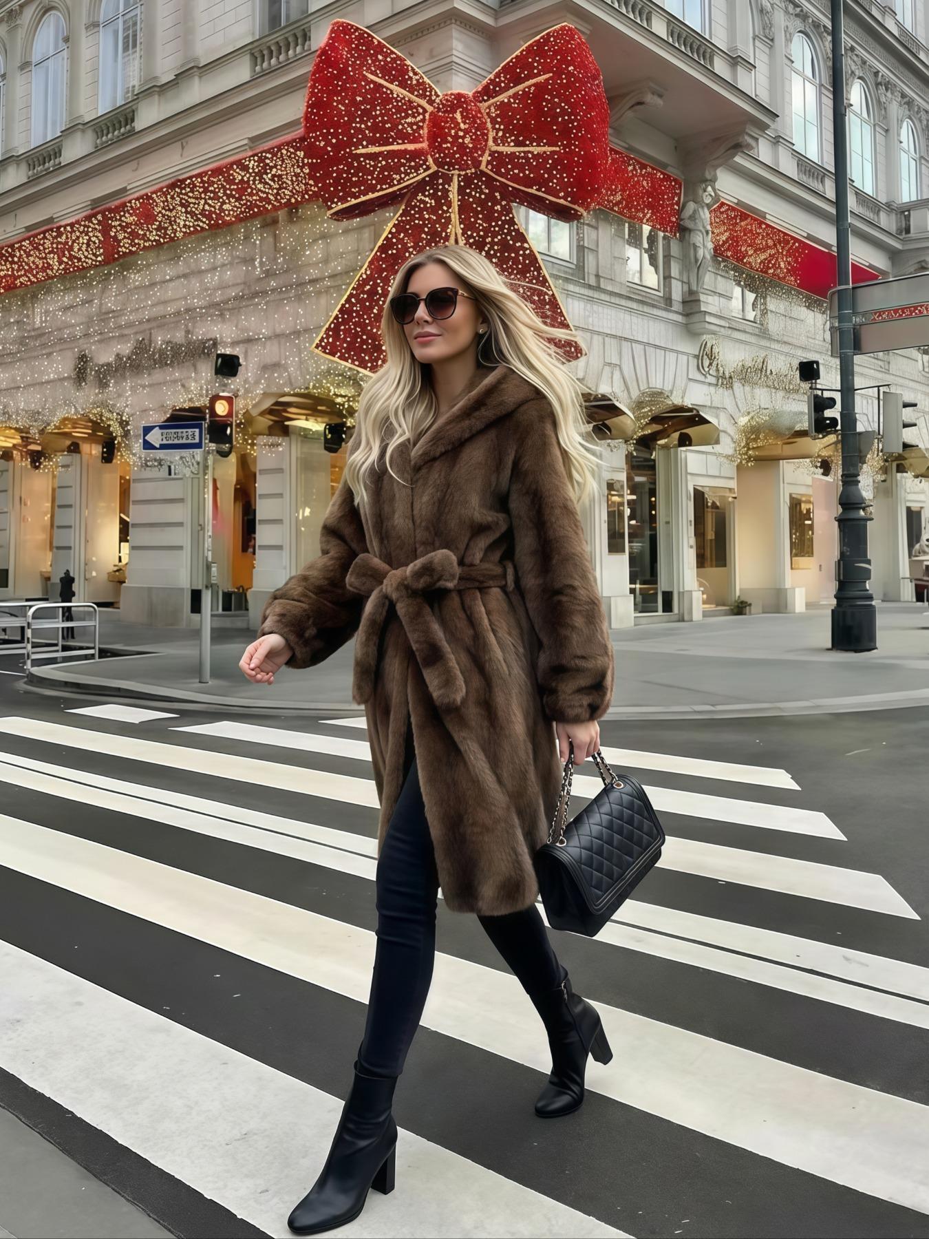 Women's Faux Fur Coat, Winter Fashionable Long Sleeve Hooded Jacket, Casual Loose Fit Medium-Length Outerwear for Daily Wear