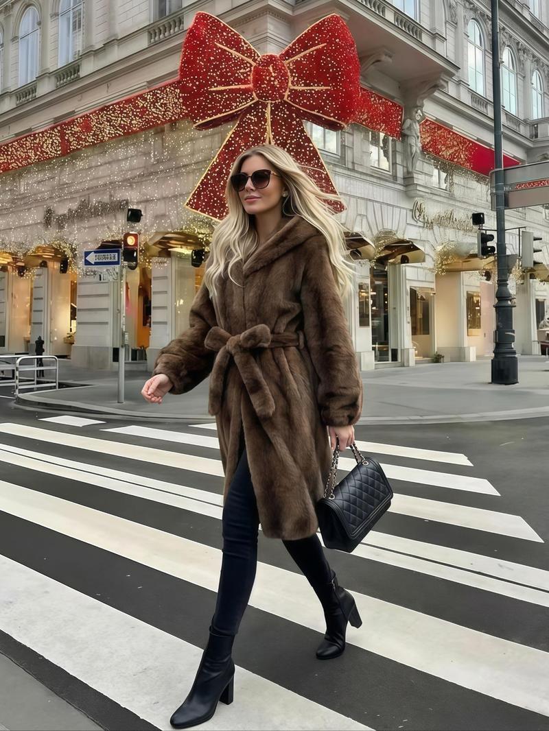 Women's Faux Fur Coat, Winter Fashionable Long Sleeve Hooded Jacket, Casual Loose Fit Medium-Length Outerwear for Daily Wear