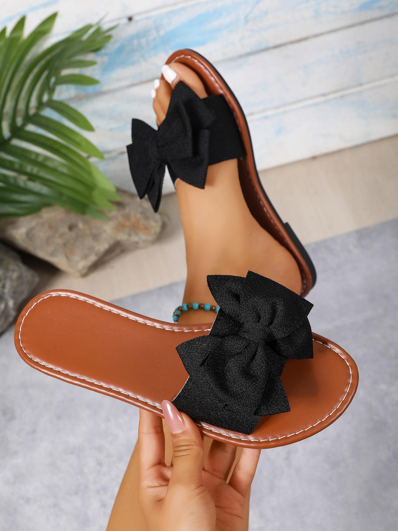 Women's Wide Width Flat Sandals, European Style Open Toe Design, Bow Detail Fabric Material, Perfect for Beach and Outdoor Use