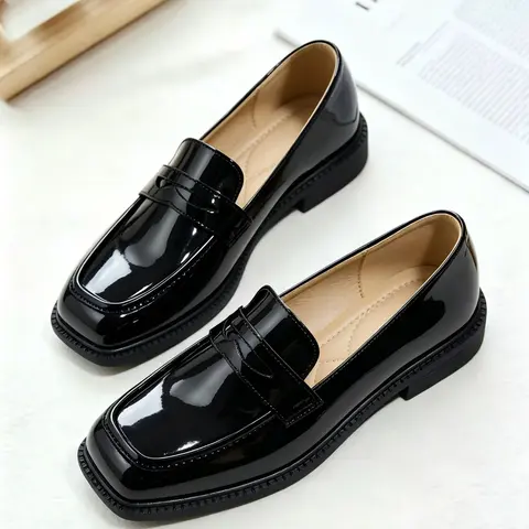 Women's Fashion PU Leather Loafers, Commuter Shoes, Slip-On Shoes, Comfortable Mid Heel Fall & Winter Footwear, Versatile Shoes, Affordable Loafers