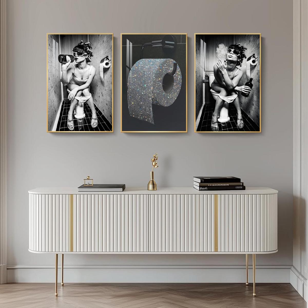 3 Counts Aluminum Alloy Framed Painting, Funny Woman Bathroom Drinking And Smoking Poster, Home Decoration For Living Room, Bedroom, Office, Restaurant, Hallway Wall Decor, Odorless Print Artwork, Luxury Perfect Gift For Friends And Family