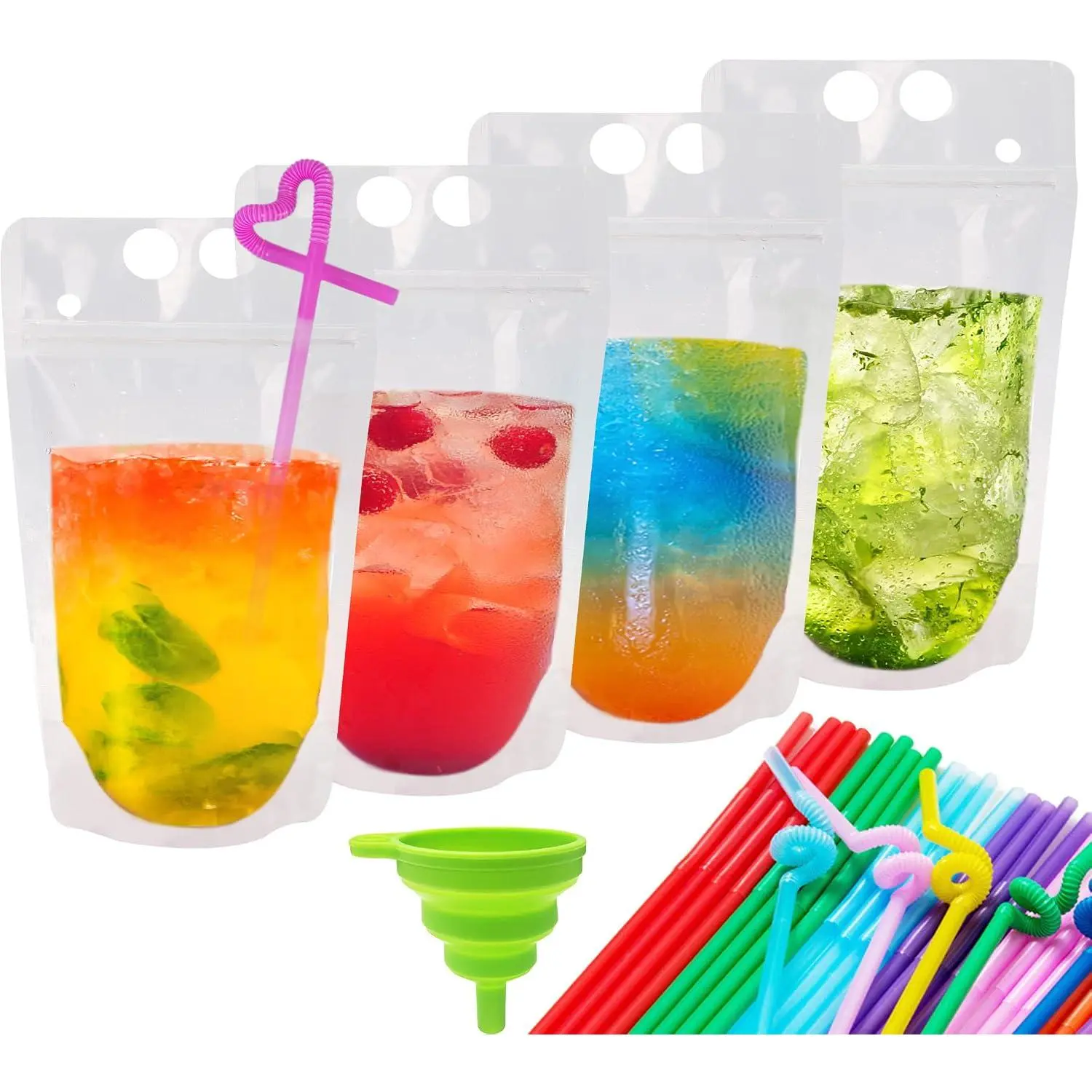 100 count Drink Pouches, 16 Oz Juice Pouches with 100 Straws and Funnel | Sealed zipper, Hand-held Smoothie Juice Bags for Adults for Cold Hot Drinks