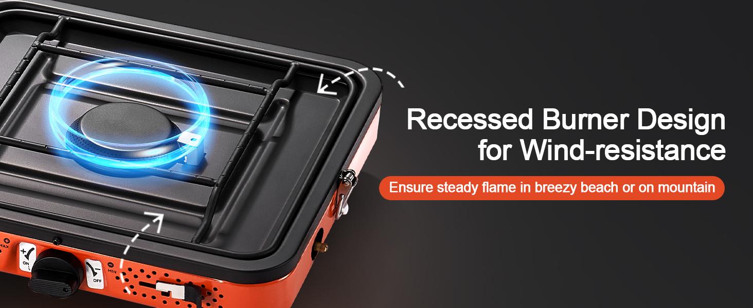 Odoland Portable 2 Burner Camping Stove Propane  with Griddle – 17000 BTU Gas Stove Collapsible Backpacking Stove for Indoor Outdoor Cooking Hiking and Picnic