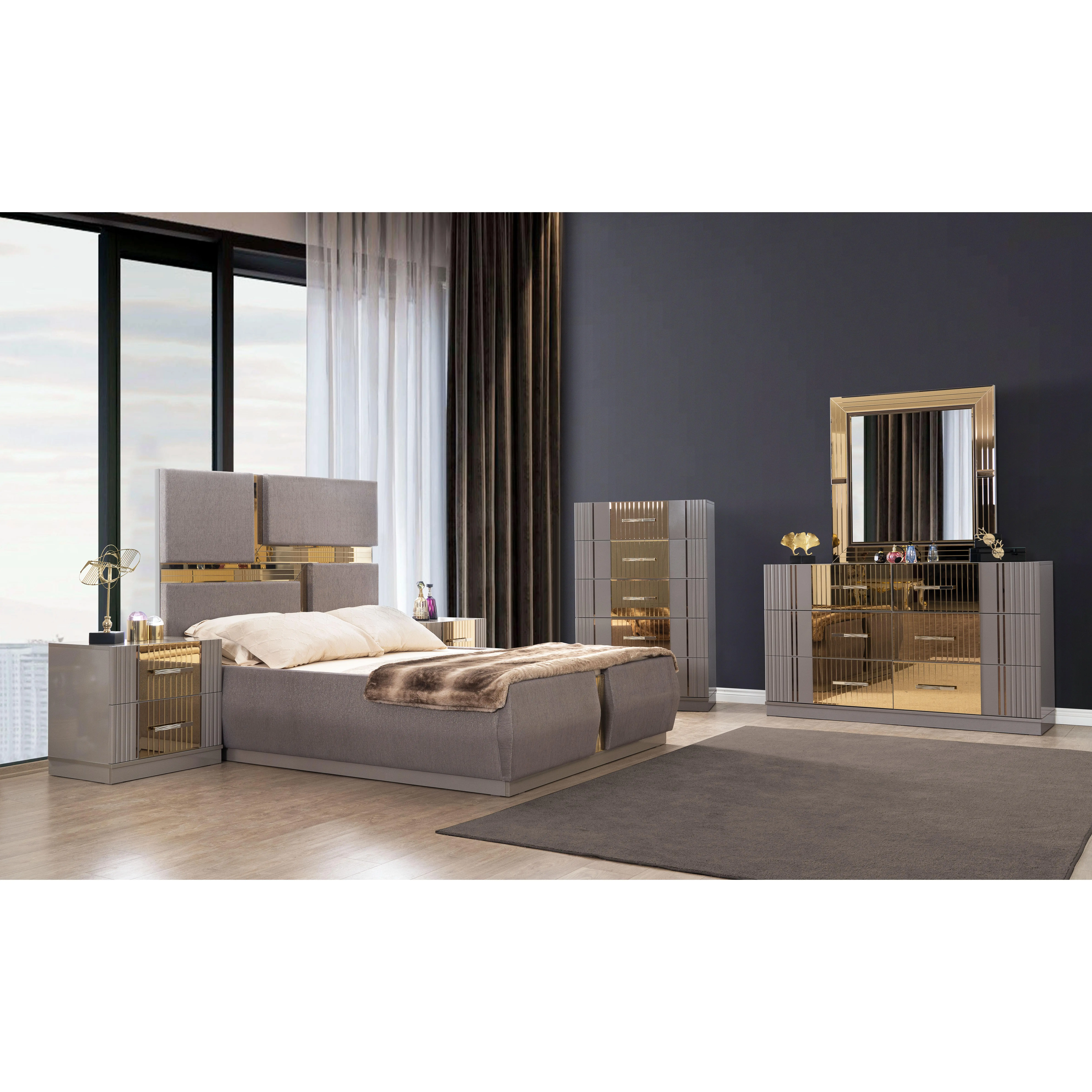 Nokaa Queen 5-Piece Tufted Upholstered Bedroom Set with Wood Frame, Polyester Fabric, Gray Finish, Includes Bed, Nightstand, Dresser with Mirror, Chest, Modern Contemporary Style, No Box Spring Needed, for Bedroom