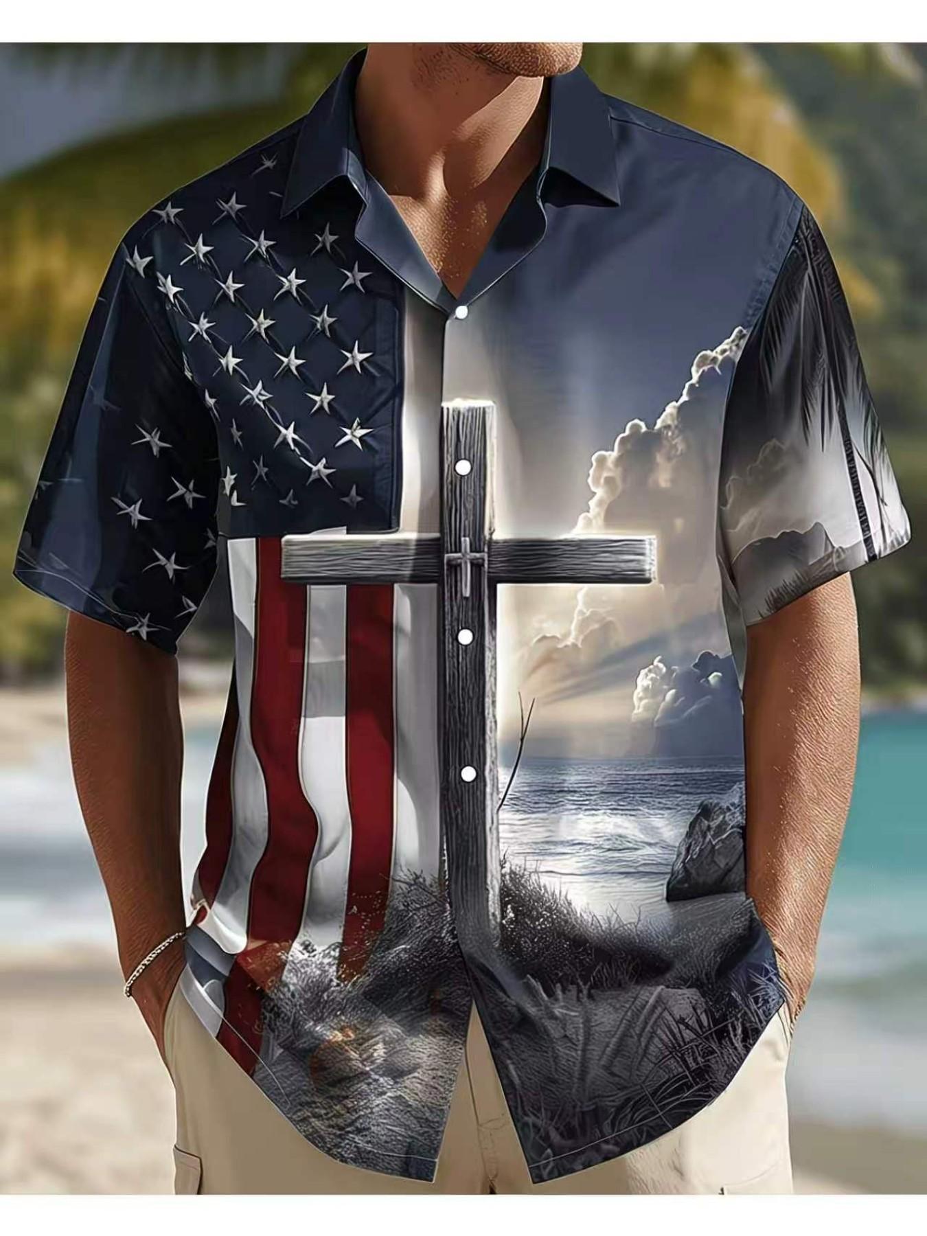 Men'S Short-Sleeve Shirt with Flag Print, Perfect for a Holiday Vibe And Casual Gatherings