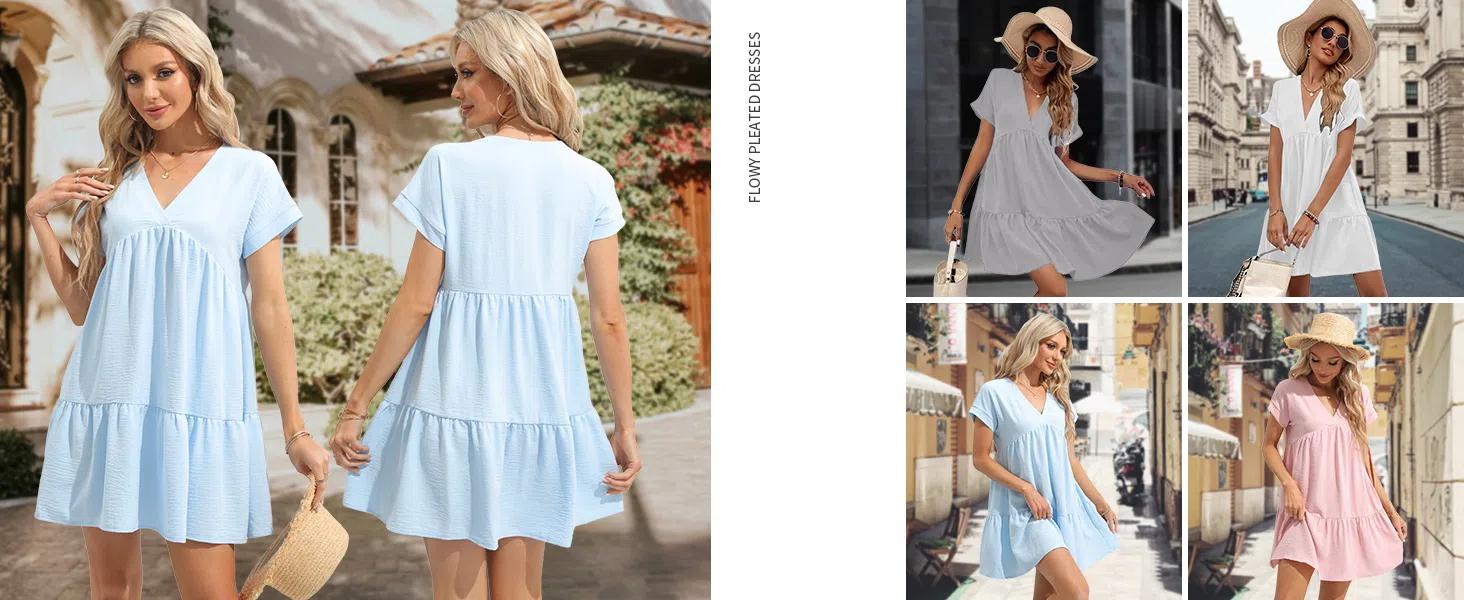 LAICIGO Women Summer Simple Style V Neck Flowy Babydoll Dress Comfy Loose Fit Short Sleeve Mini Tunic Dress Beach Dresses