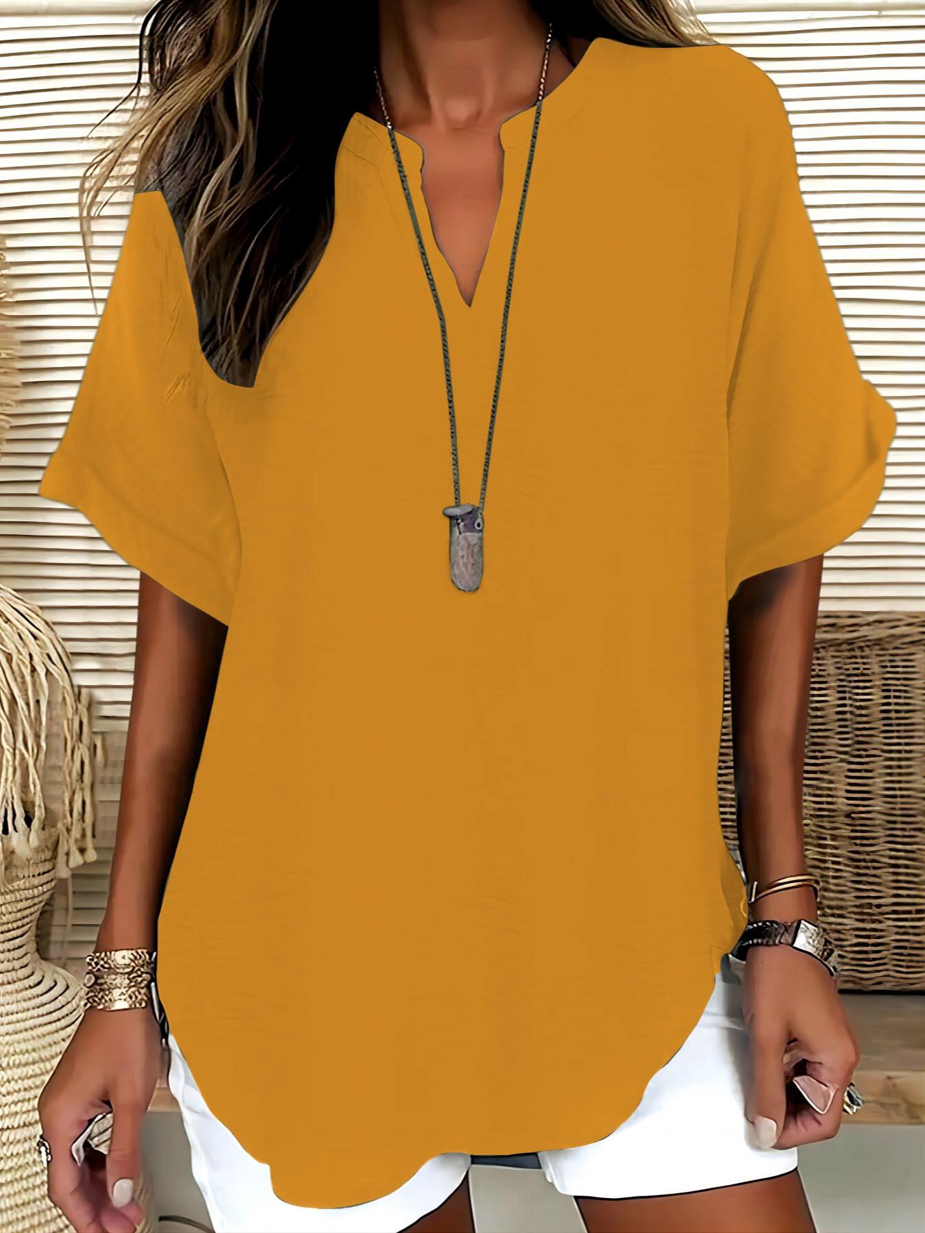Women's Simple Vintage Solid V-Neck Short Sleeve Shirt Blouses, Casual Loose-Fitting Pullover, 100% Polyester, All Seasons Fashion Top