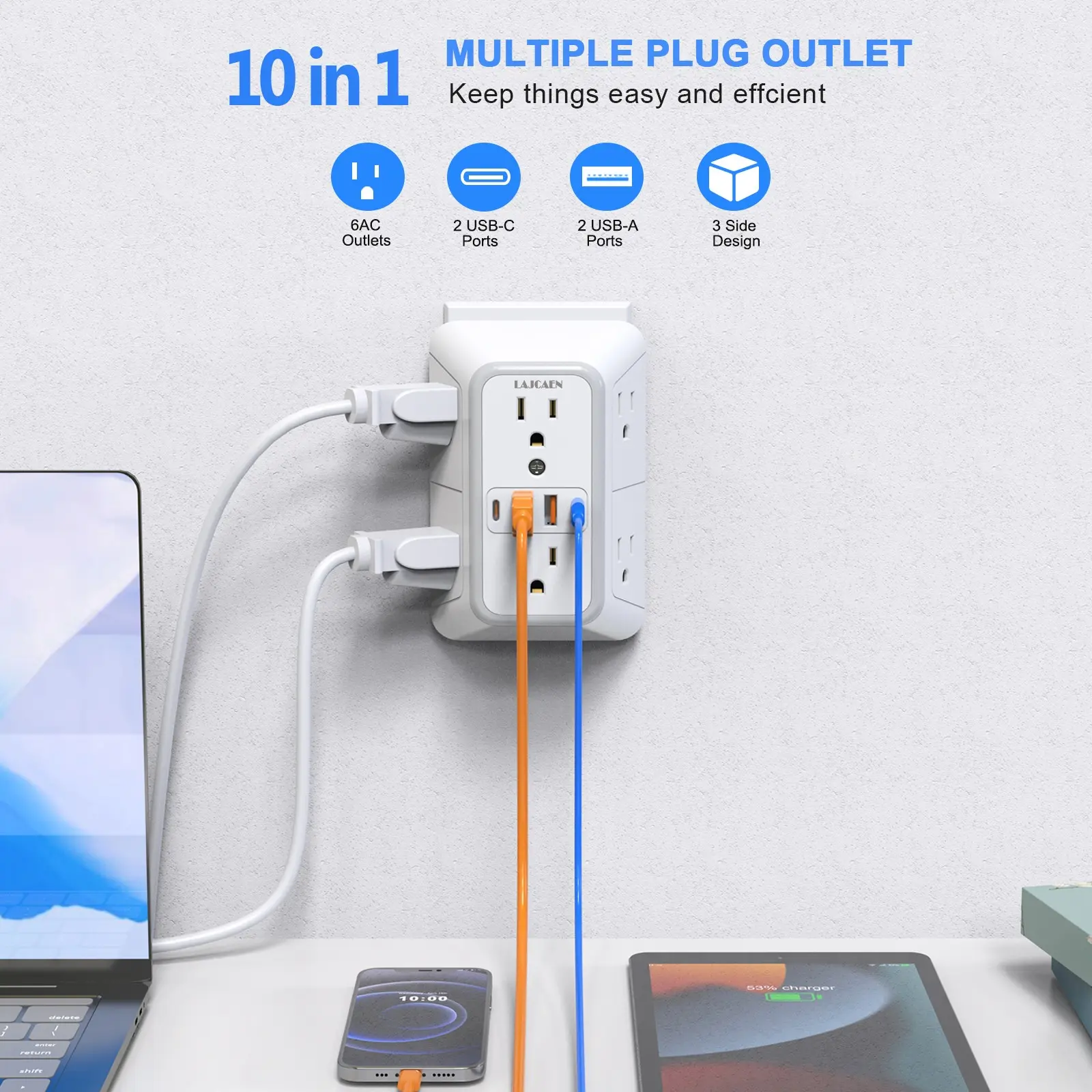 Wall Charger, Surge Protector with 4 USB (2 USB C) Charging Ports, USB Outlets, Multiple Outlets Plugs, Multi Plug Adapter, Multiplug Wall Outlet for Home Travel Office
