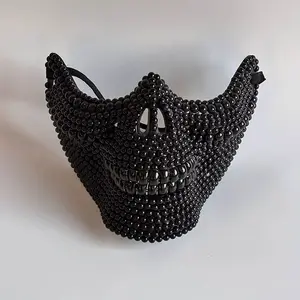 2026 New Ghost Rider Mask Handmade DIY Pearl Carnival Party Mask, Horror Half Face Chin Mask for Men and Women, Halloween Costume Accessory