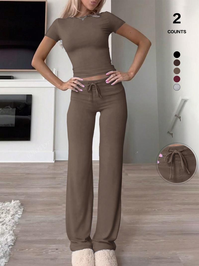 Women's Slim Fit Cropped T-Shirt & High-Waisted Flared Pants Sportswear Set, Casual All-Season, Perfect for Daily Wear