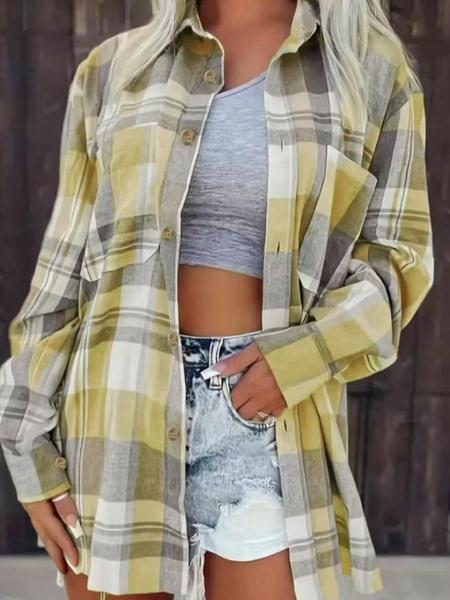 Color Block Plaid Collared Shirt Jacket, Wide Loose Casual Shirt for Everyday Wear, Versatile Layering Top for Women