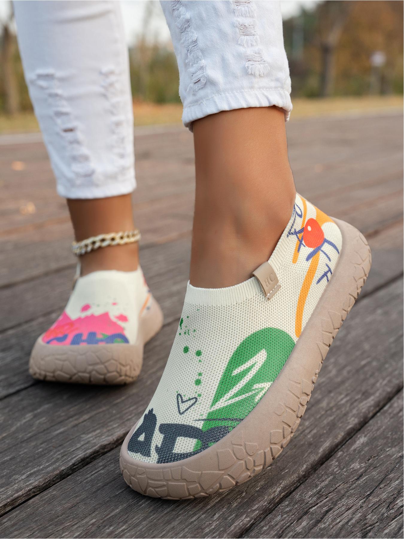 Women's Colorful Graffiti Slip-On Sneakers, Breathable Knit Mesh Comfortable Walking Shoes, Lightweight Non-Slip Soft Sole Casual Loafers for Outdoor, Work, Travel and All-Day Wear