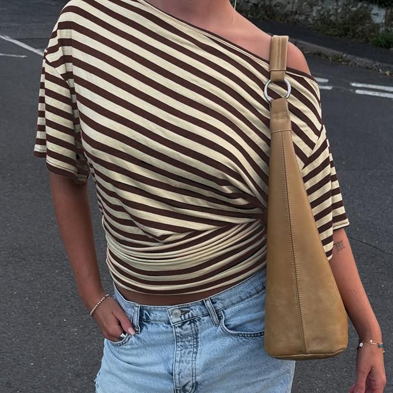 Women Summer Fashion Short Sleeve Asymmetrical One Shoulder Striped Asymmetric Hem T Shirt Tops Tee Casual Daily Tops