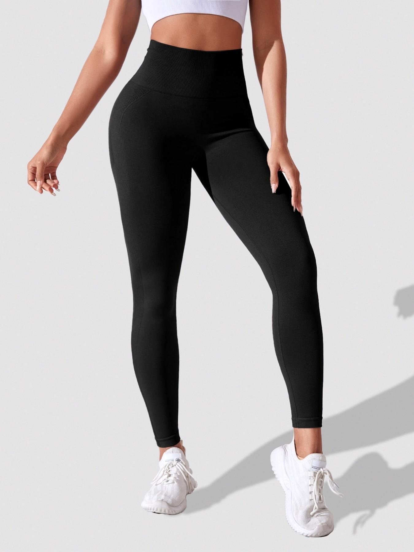 Women's Seamless Knitted Yoga Pants, High Waist Tummy Control Workout Pants, Elastic Smiling Peach Butt Fitness Pants, Body Sculpt Leggings, Gym Sportswear Bottoms, High Waists Leggings, 200g