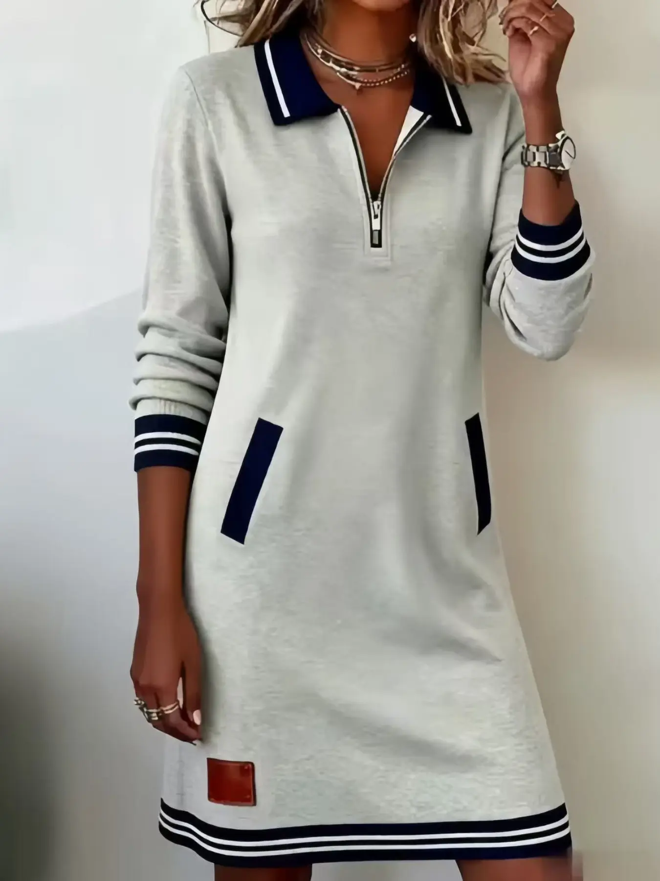 Fashion Lapel Half-Zip Sweatshirt Dress for Women, Striped Patchwork Long Sleeve Casual Straight Short Skirt, Simple Office Wear Sporty Pocket Dress