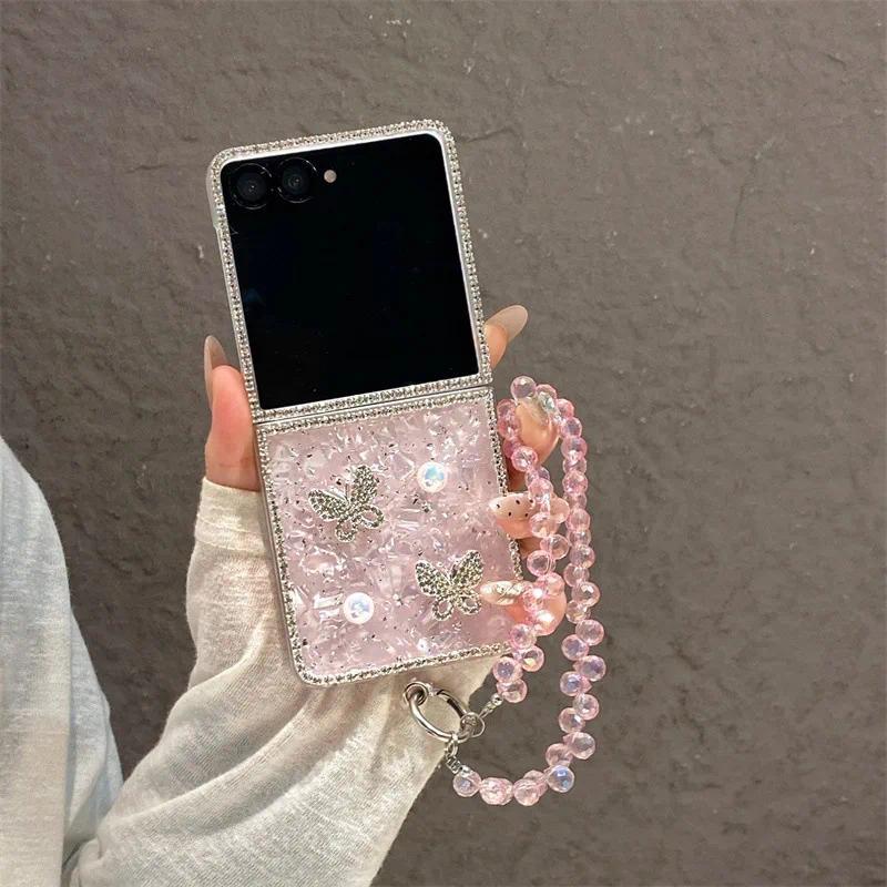 Luxury 3D Butterfly Diamond Shell Pattern Phone Case For Samsung Galaxy Z Flip 3 4 5 6 7 FE With Wrist Chain Shockproof Cover