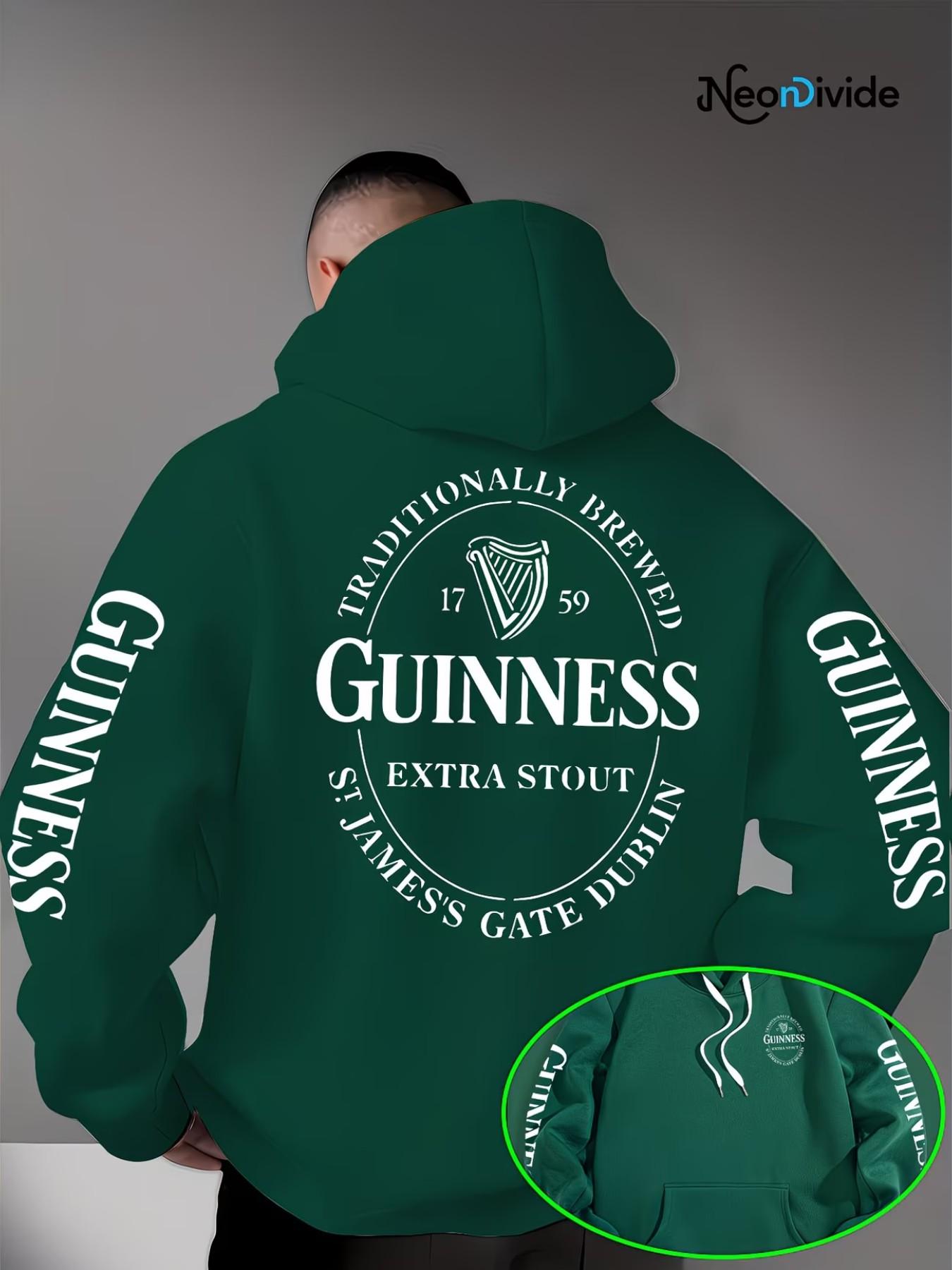 Trendy Men's Guinness Print Hoodie, Drawstring Kangaroo Pocket Design, Loose Fit, Lightweight Knit, Fall Winter Streetwear