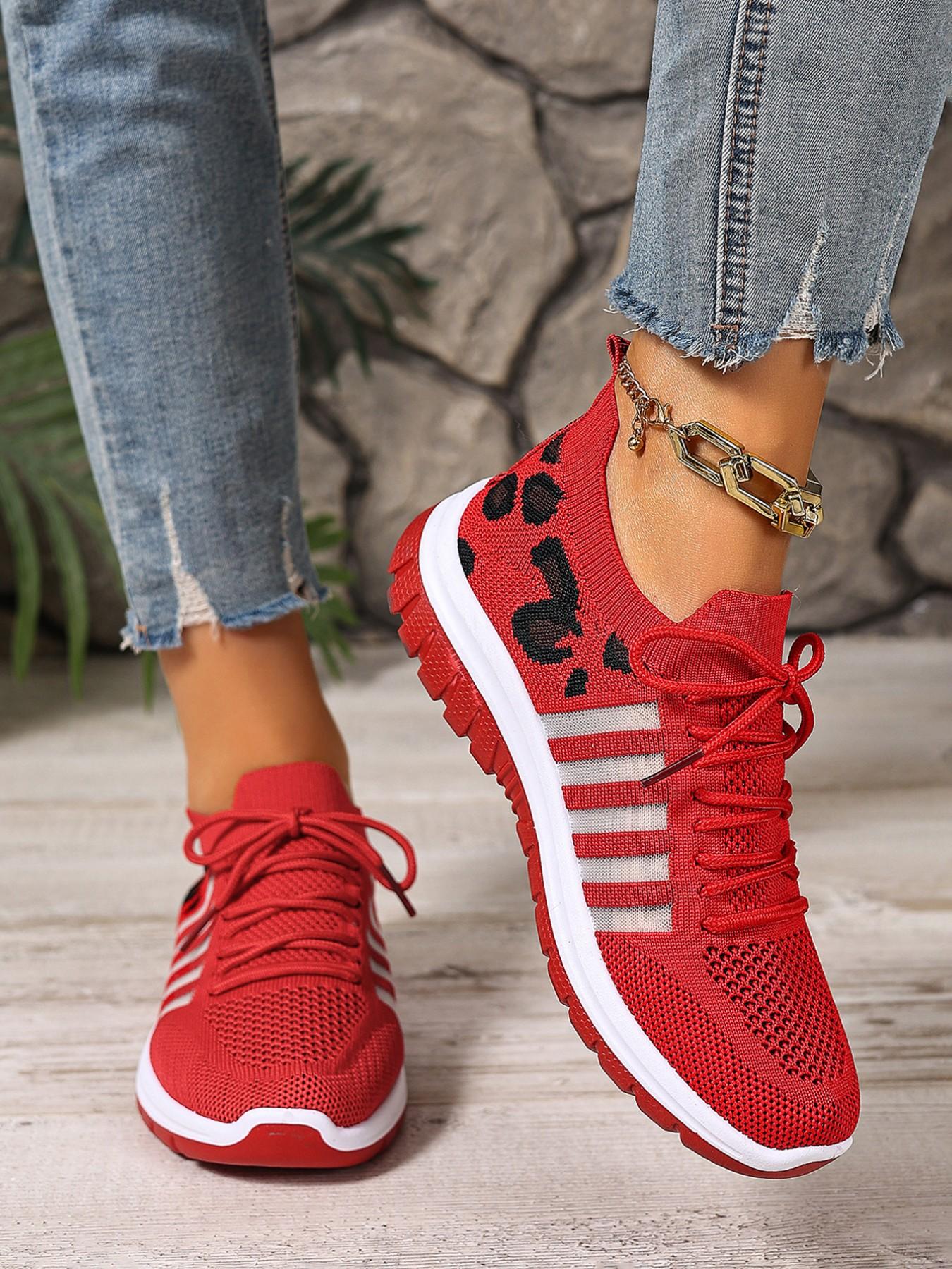 Women's Leopard Print Lightweight Lace-Up Sports Shoes, Breathable Shock Absorption Non-Slip Rubber Sole, Casual All-Season Low Top Sneakers