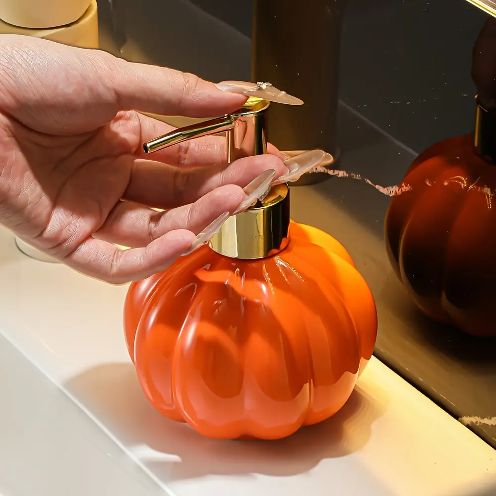High-End Ceramic Lotion Bottle, Bathroom Press Pump Dispenser, Cute Pumpkin Liquid Transfer Bottle, 380ML/12.6oz Capacity
