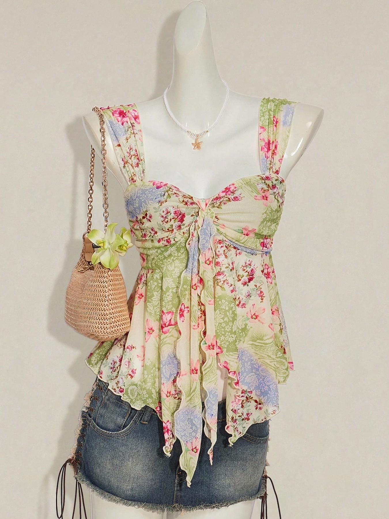 Summer Beach Vacation Floral Mesh Halter Top, Cute Asymmetrical Hem Sleeveless Women's Transparent Shirt, Small Fresh Style