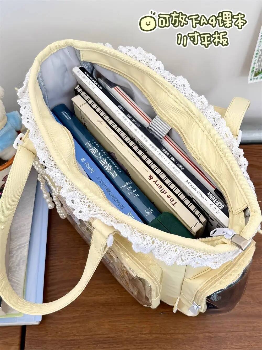 New Nylon/Polyester Ita Bag for Lolita Girls - Transparent Large-Capacity Shoulder Tote, Crossbody, DIY Display Casual Handbag