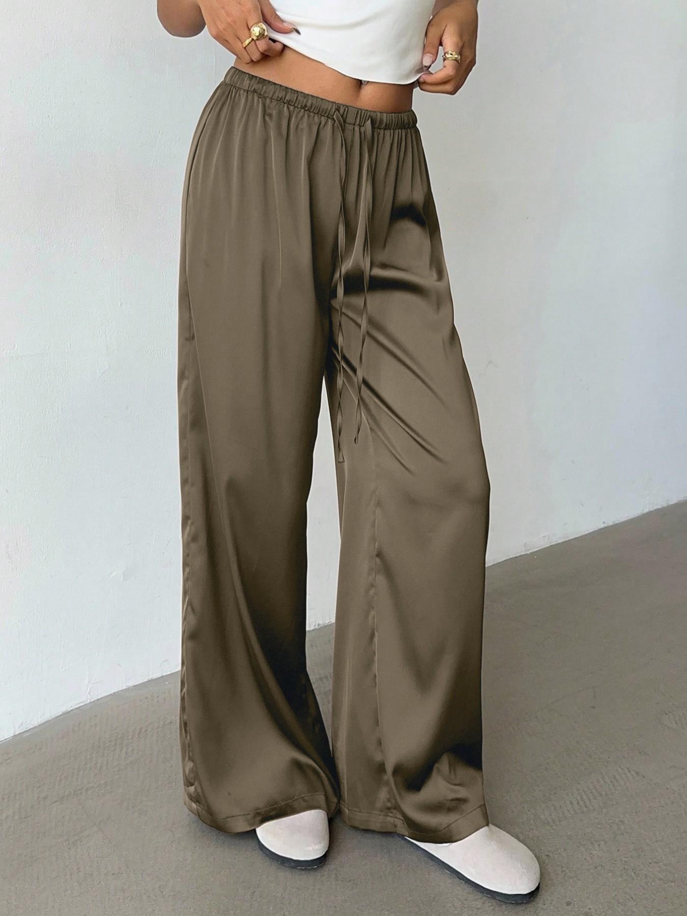Women's Satin Casual Long Pants, Elastic Waist with Side Pockets, Wide Leg, Fashionable and Versatile, Perfect for Daily Wear, Travel, Vacation