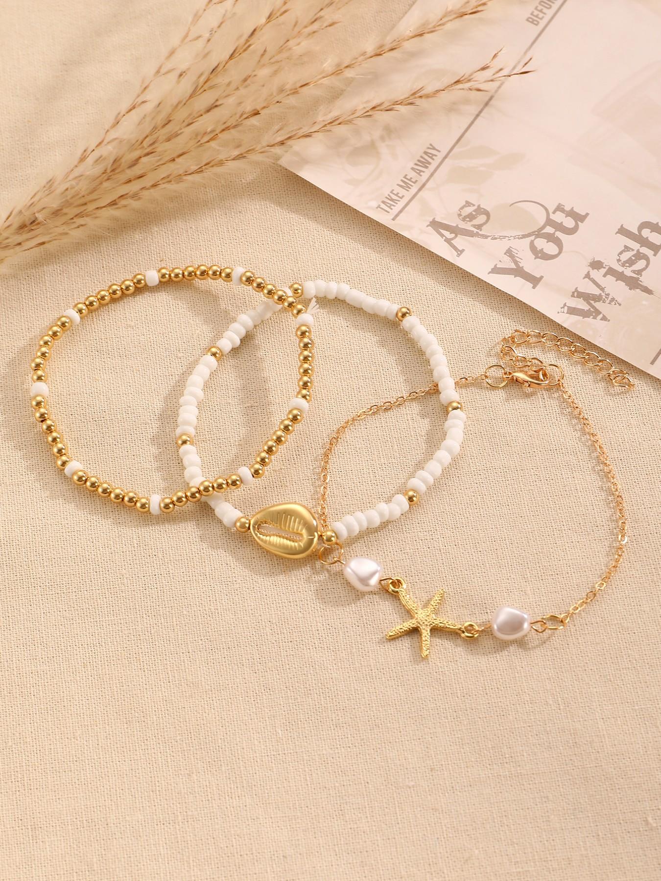 Three-Piece Summer Beach Anklet Set, Starfish Fish Shell Faux Pearl Design, Girl Jewelry, Fashion Accessory, Perfect for Daily