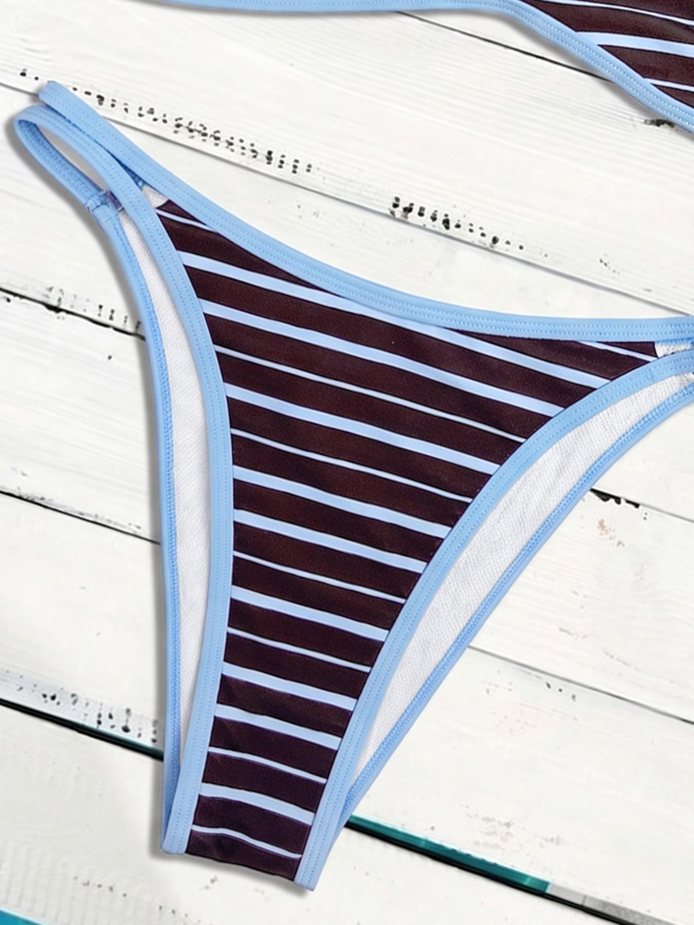 New Women's Blue Striped Bikini Set, Adjustable Straps, Thin Shoulder Strap Bikini, Casual Beachwear, Pool Party Fashion Swimwear