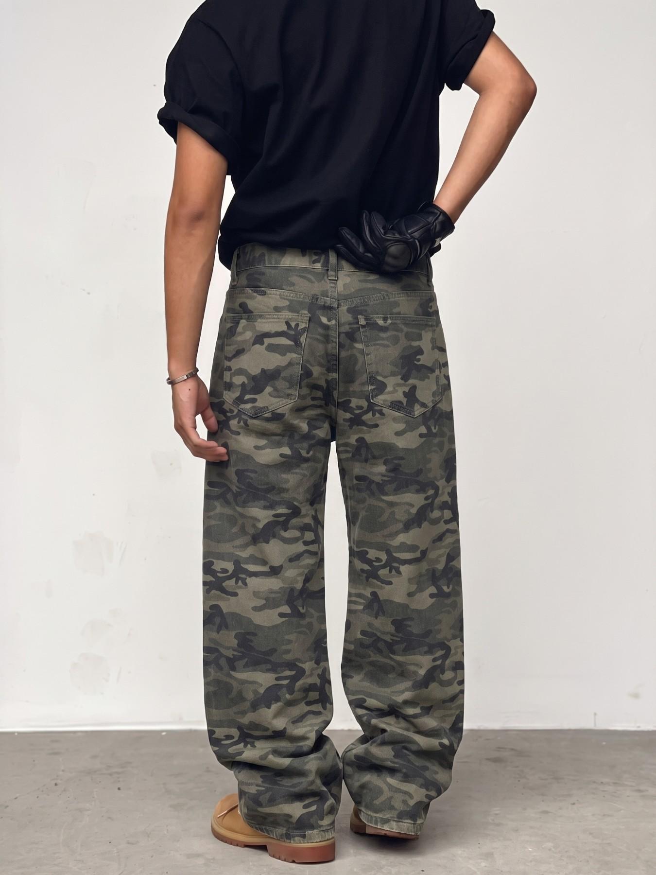 Men's All-Season Classic Jungle Camo Print Loose Fit Straight Leg Denim Mid Waist Jeans, American Vintage Workwear, Street Style Casual Long Pants
