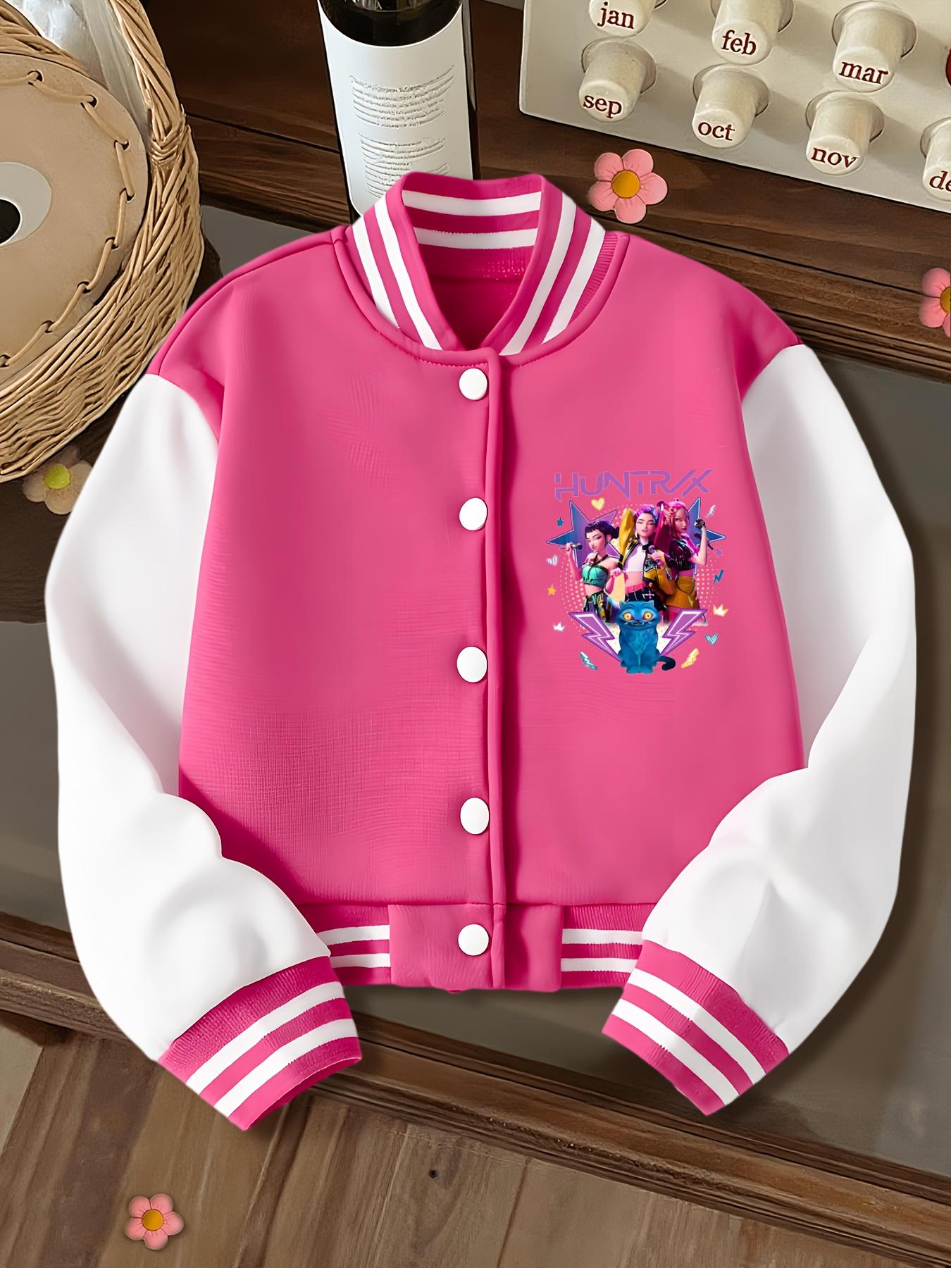 Halloween Girls Short Baseball Collared Jacket, Casual Sports School Uniform, Elastic Fabric, Youth Fashion, Fall & Winter Outerwear