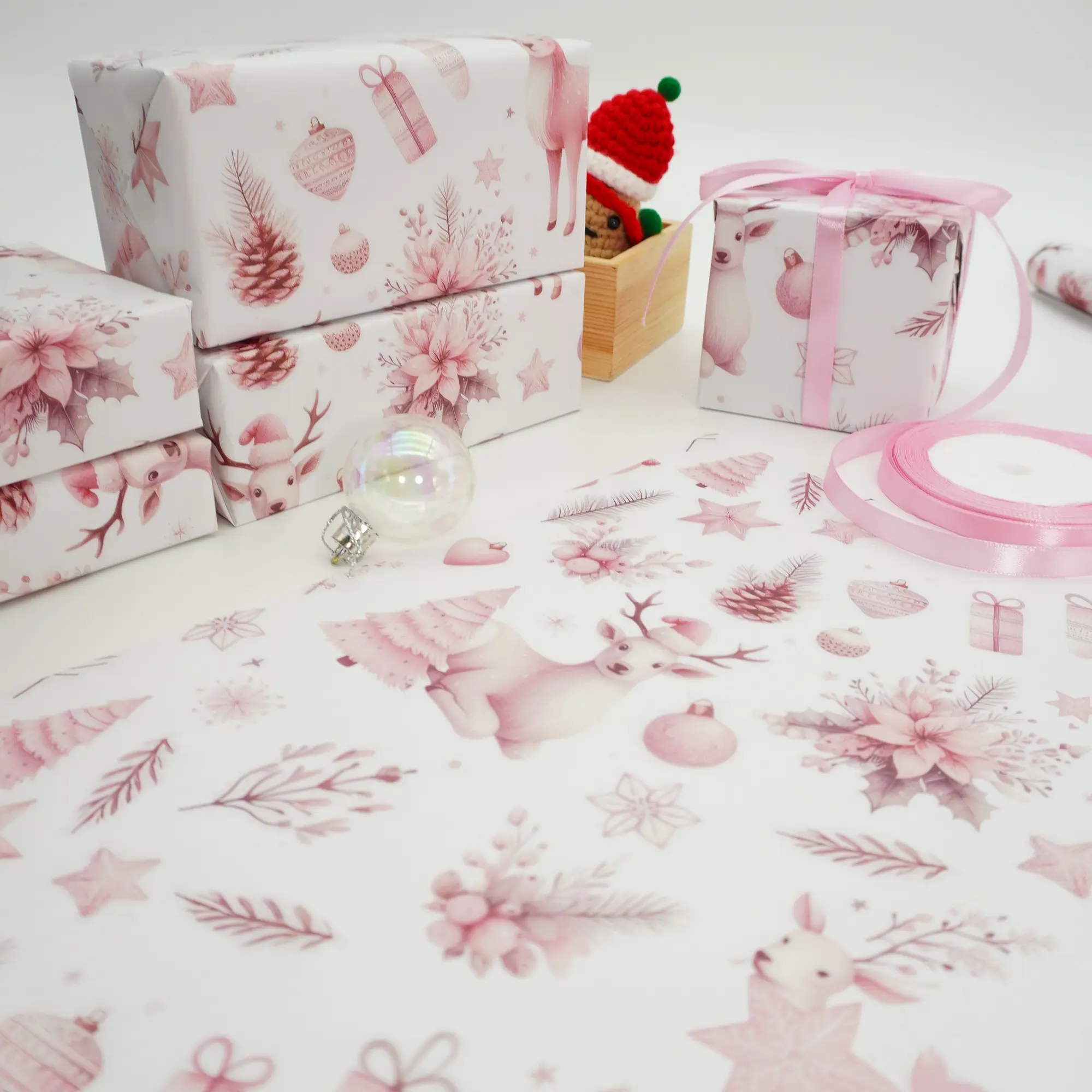 10 Pcs Pink Deer Pattern Copperplate Gift Packaging Paper, Multipurpose Decorative Wrapping Paper for Bouquet, Clothing Packing, Gift Bag Filling, DIY Art Craft, Wedding Birthday Christmas Holiday Home & Party Decor