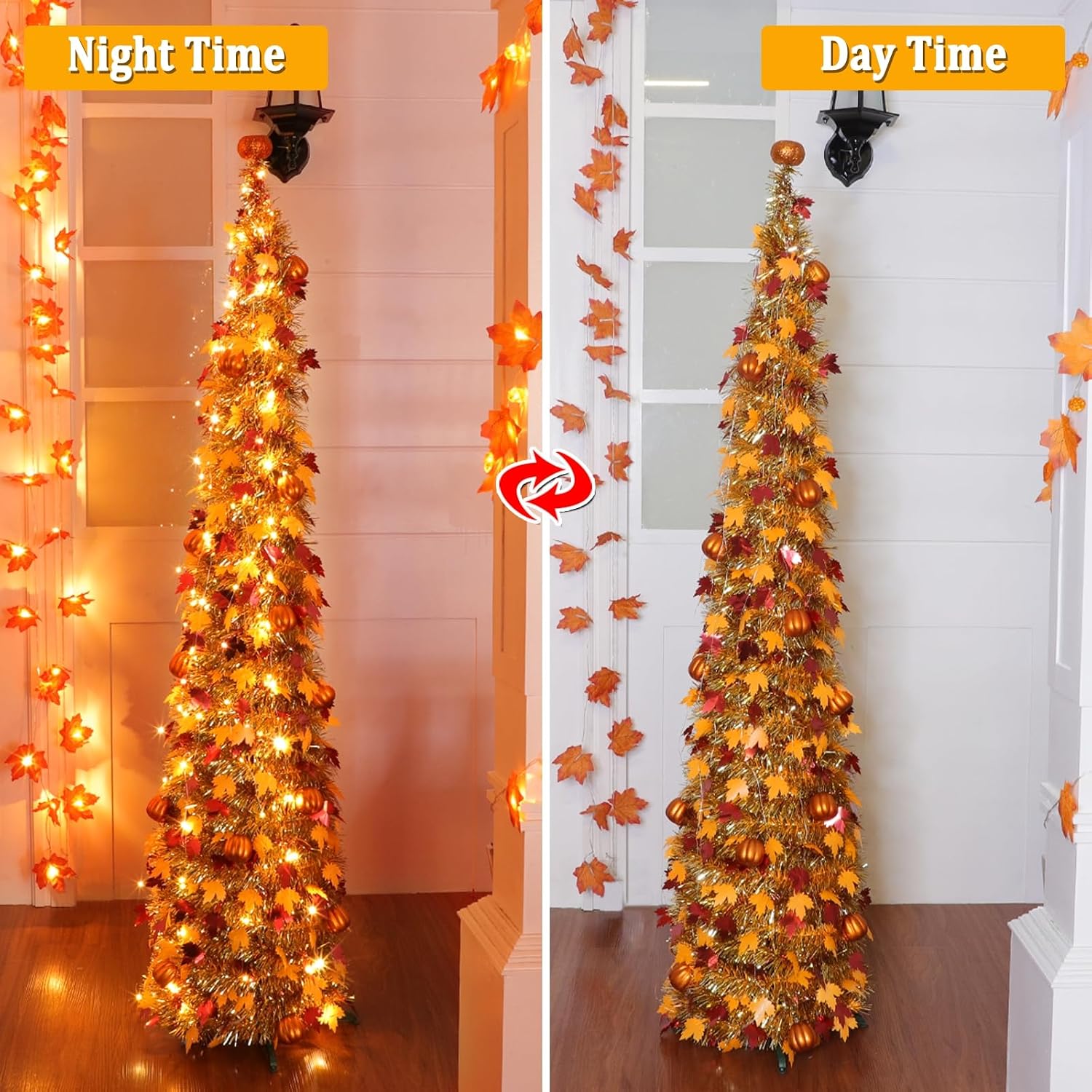5 FT Lighted Fall Tree Decor with Warm White Lights, Halloween Thanksgiving Pumpkin Tree Decorations for Home, Battery Operated Maple Tree for Indoor Harvest Party