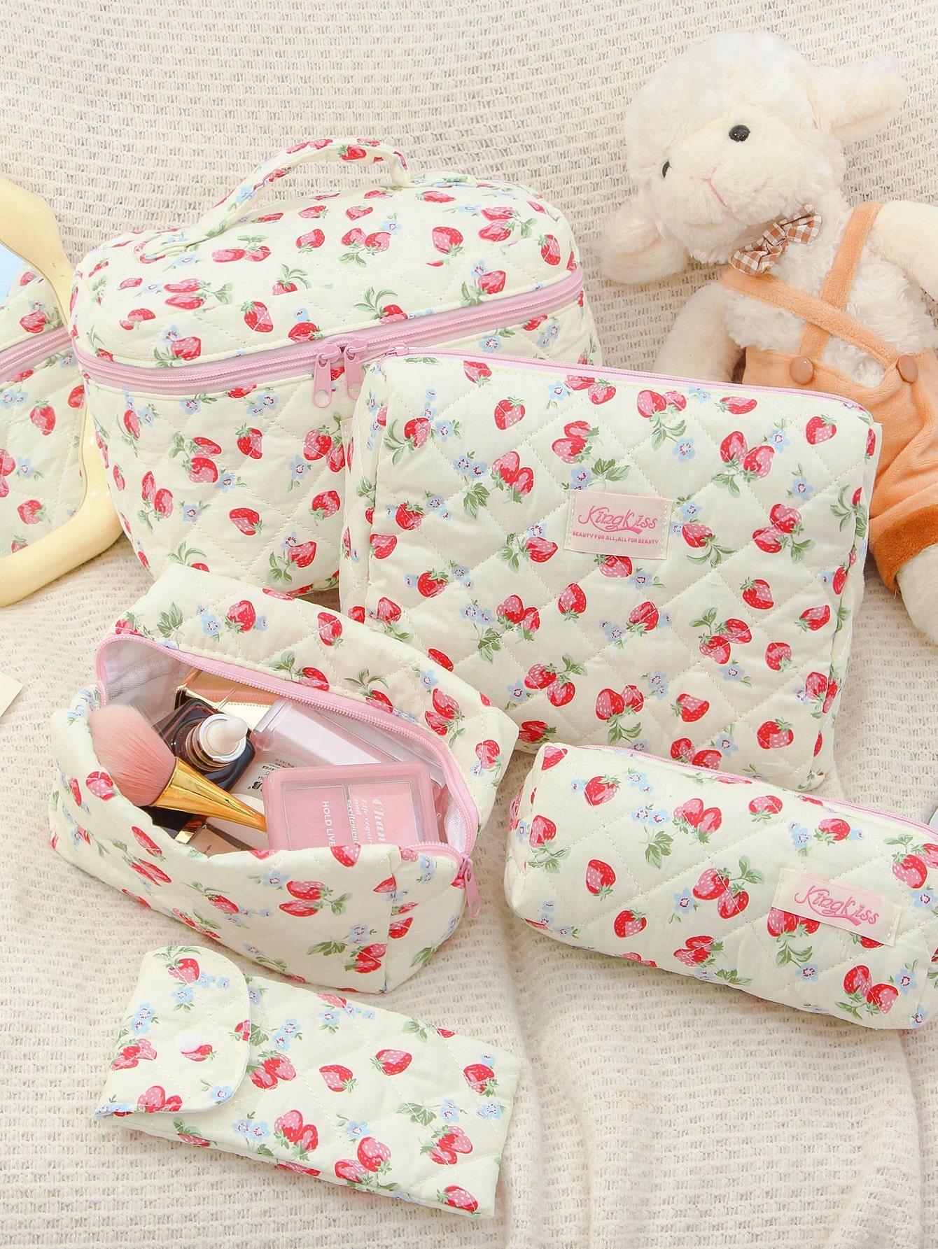 Cute Strawberry Pattern Makeup Bag, Large Capacity Travel Cosmetic Organizer, Multi-Functional Storage Pouch for Girls, Handy Makeup Brush & Pencil Case, Zipper Makeup Bag